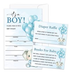 Invitaciones de baby shower de elefante para niños, invitaciones para baby shower, juego de 25 invitaciones (incluye boletos para rifa de pañales y ta