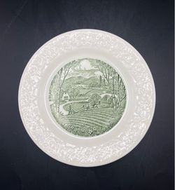 Vtg Taylor Smith & Taylor Green Pastoral Currier & Ives Bread Dish w/ Wide Decorative Embossed Edge