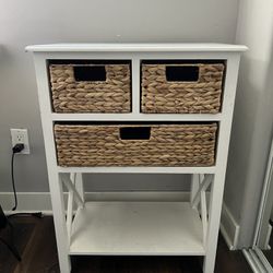 White Storage Shelf Cabinet w/ Wicker Baskets Drawers