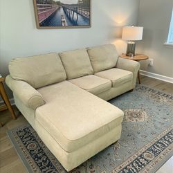 Beige Living Spaces Chaise Sofa – Recently Cleaned and Very Comfortable