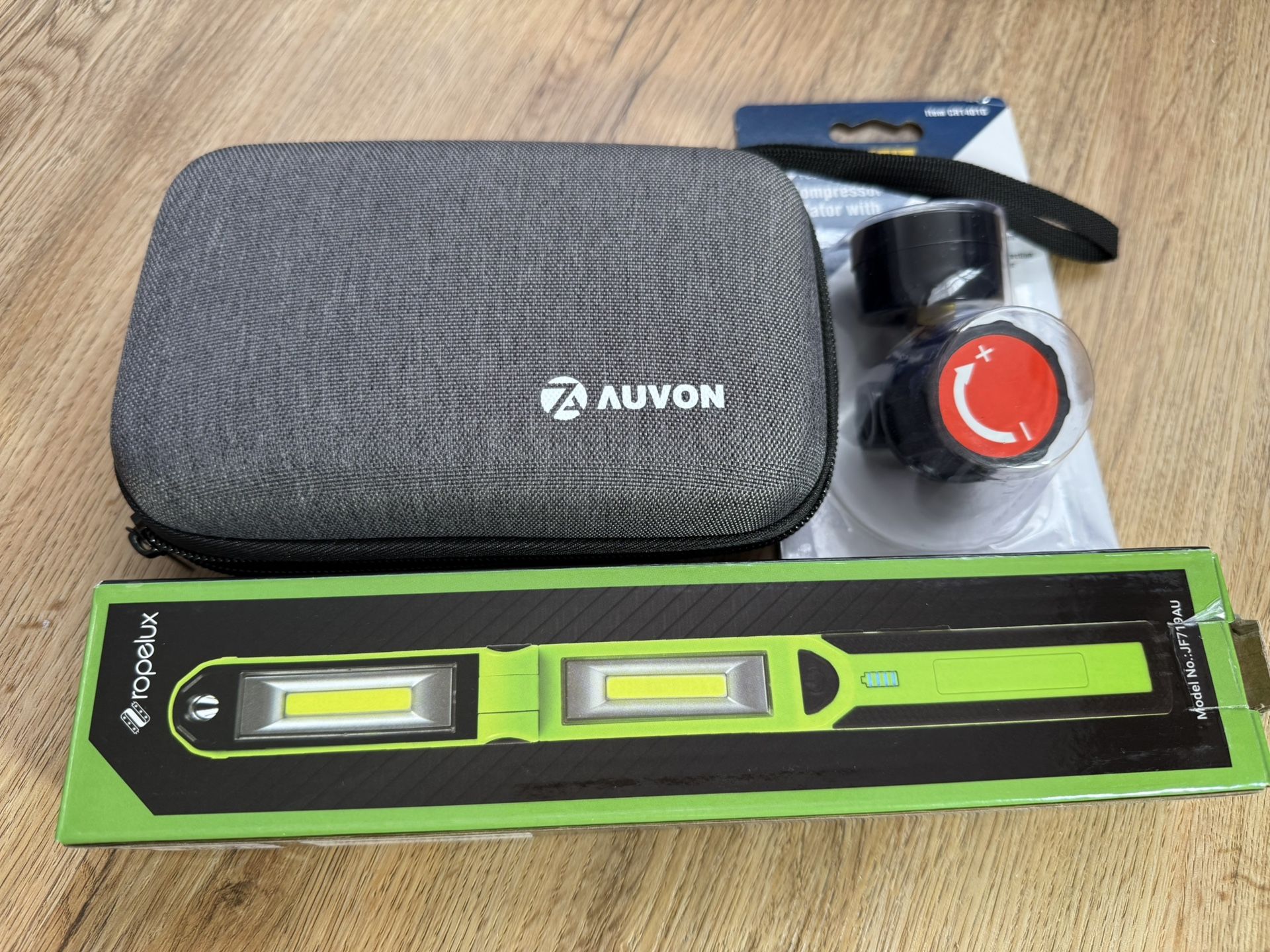 3-in-1 Bundle: LED Flashlight, Air Compressor Regulator, Travel Organizer