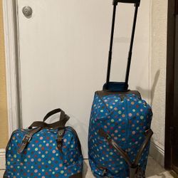 Set Of 2 BUENO Rolling Polka Dot Upright Duffel Bag Suitcase Carry On 21” Tall And Carry On Shoulder 17” Wide… In Great Condition… BOTH FOR…$55