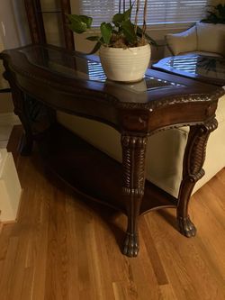 Ornate Wooden Console Table with Glass Top