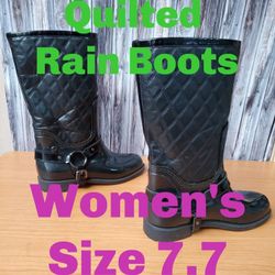 Stuart Weitzman Womens 38 U.S. 7.5 Rain Boots Black Quilted Rubber Harness Biker