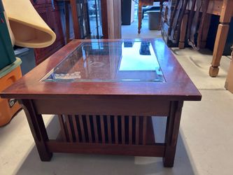 Mission Style wood coffee table with glass top