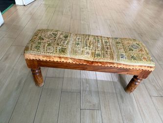 Vintage Wooden Bench with Embroidered Upholstery