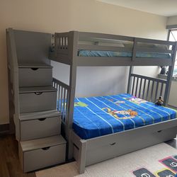 Twin/Full Gray Bunk Bed with Storage/Trundle Unit