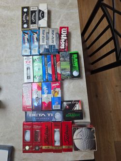 Golf equipment including balls, clubs, training items.