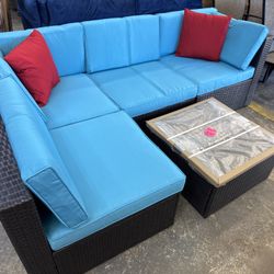 Outdoor patio sectional wood table and cushions, new fully assembled