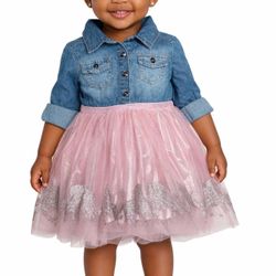 Zunie Girls Cotton Blend Denim & Pink Glitter Unicorn Tutu Dress - 2T