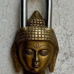 Vintage Brass Buddha Head Shaped Old Fine Hand Carved Rare Pad Lock