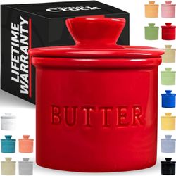 Butter Crock with Lid with Water Line, Ceramic French Butter Dish to Leave On Counter, Red