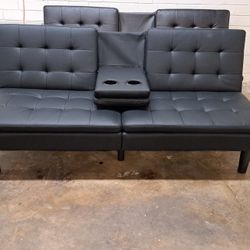 New Futon Sofa With Cup Holders Faux Leather Black See Pictures For Dimensions 