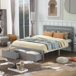NEW Gray Queen Platform Bed With Two Storage Drawers