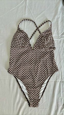 One-Piece Halter Swimsuit Brown Geometric Print