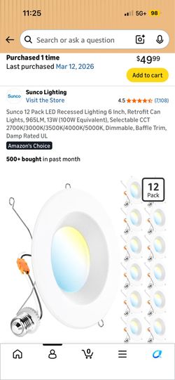 Sunco 12 Pack LED Recessed Lighting 6 Inch, Retrofit Can Lights, 965LM, 13W (100W Equivalent), Selectable CCT 2700K/3000K/3500K/4000K/5000K, Dimmable,