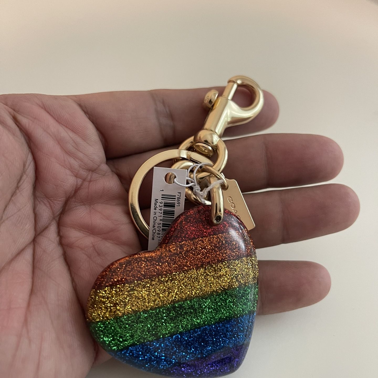 Coach Rainbow Pride Glitter Heart Charm Keychain Key Ring