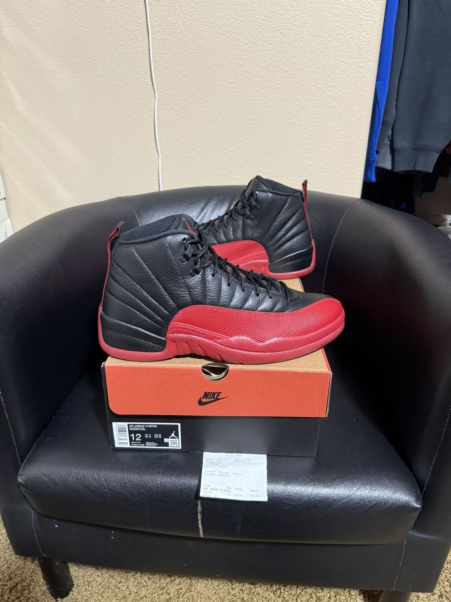 Brand new Air Jordan Flu Game 12’s size 12 with original box and proof of purchase.