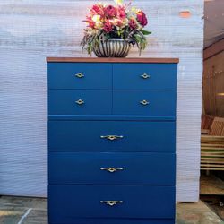 MCM Blue Wood 5/Drawer Dresser 