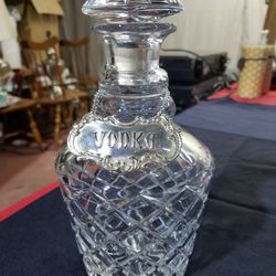 Heavy Diamond Cut Lead Crystal Liquor Decanter with Glass Stopper and Gorham EP yc 352 Vodka Silver liquor name plate made in West Germany A71V476