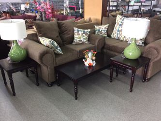 New sofa and loveseat with 3 piece coffee table set and 2 lamps