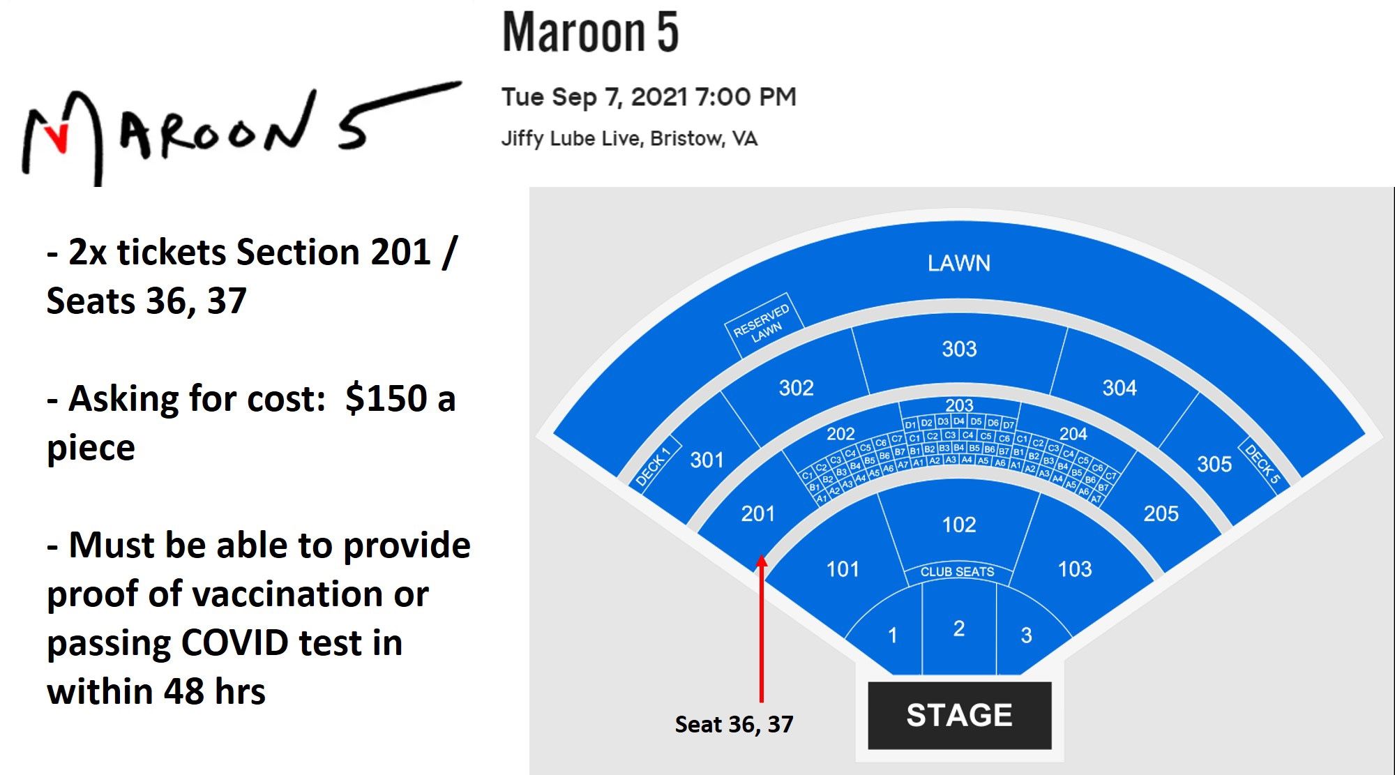 2x TICKETS FOR MAROON 5 