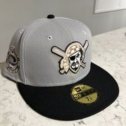 MLB New Era Pittsburgh Pirates Grey Black Stadium Patch 59fifty Fitted Hat Size 7 3/8