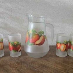 Vintage Frosted Glass Apple Pitcher and Juice Glasses - 7 Piece Set