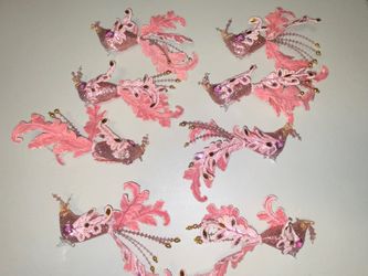 (8) Clip On sequin birds Ornament Pink Glitter faux gem embellishments Christmas