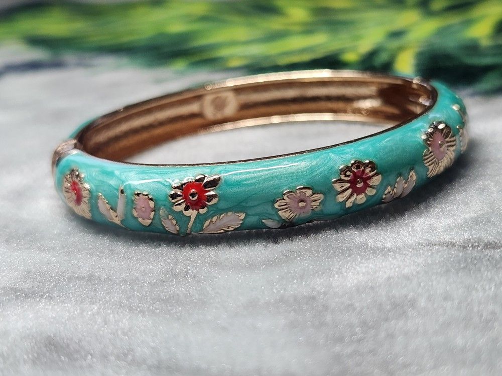 Glossy Teal Rose Gold Plated Cloisonne Bangle