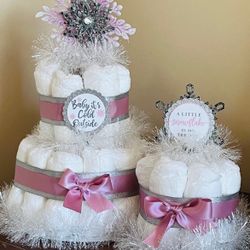 PINK SILVER SNOWFLAKE girl diaper cakes