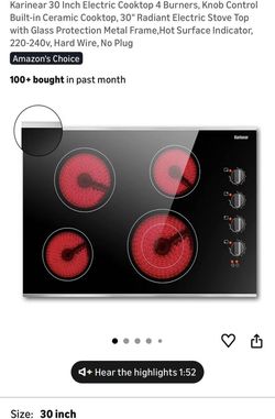 Karinear 30 Inch Electric Cooktop 4 Burners, Knob Control Built-in Ceramic Cooktop, 30" Radiant Electric Stove Top with Glass Protection Metal Frame,H