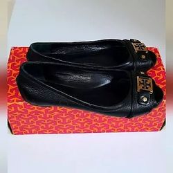 Tory Burch Designer Black Clines peep open toe flats leather size 5.5