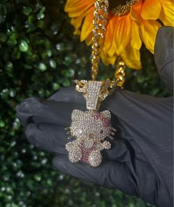 Iced Out Hello Kitty Pendant & Matching Iced Out Chain Set
