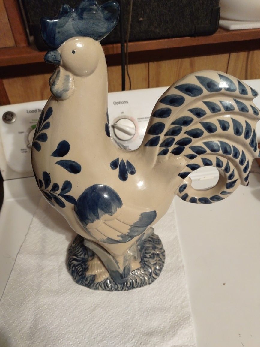 Large 16 Inches High Blue And Cream Color Porcelain Rooster