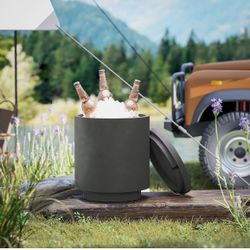 2.6 Gal Outdoor Cooler Side Table, 3-in-1 Cool Coffee Table with Storage, Removable Ice Bucket and Lid, Concrete Small Patio Table for Party, Poolside