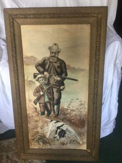 Antique water color man and boy hunting great condition