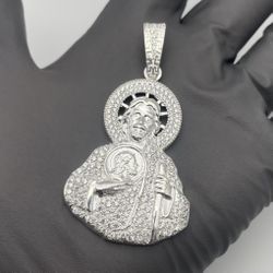 Solid 925 Sterling Silver San Judas St Jude Pendant Clear CZ Iced