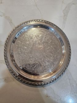 Vintage Oneida USA  Silverplate Serving Tray – Ornate Engraved Center – Rope Edge