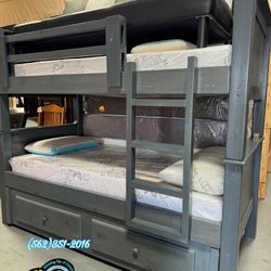 NewGrey Twin Over Twin Double Solid Wood Bunk Bed With Trundle Pull Out Bed And Three Mattresses 