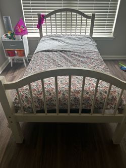 Twin size bed frame w/mattress and 4 peice sheet set