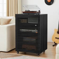 Cabinet, 4-Tier Shelves Audio Video Record Stand Cabinet with Height Adjustable, Modern AV Cabinet with Doors and Pulley, Storage for Entertainment St