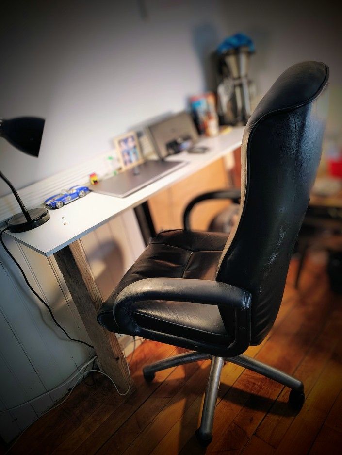 Leather desk chair, just a little wear on the palm rests.