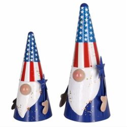 Two NIB 12 & 16" Tall Outdoors Gnomes, Americana Metal Statue Yard Art Figurines