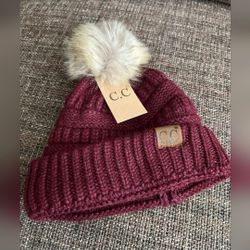 C.C. CC Beanie NEW with Fur Pom Pom RUST