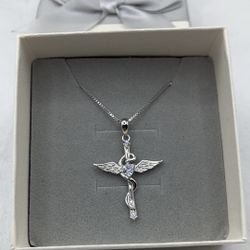 Sterling Silver Angel Wings Cross Crucifix Clear CZ Heart Pendant Necklace