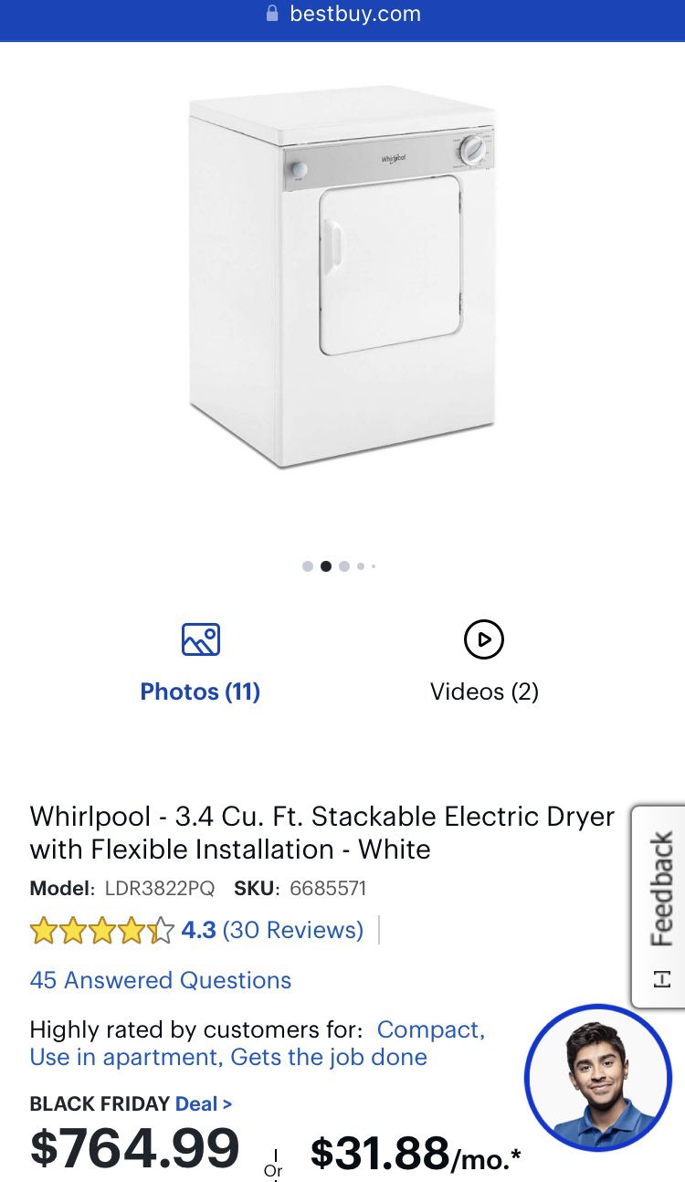 Whirlpool LDR3822PQ Stackable Dryer 120V
