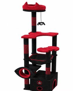 🐱 Red & Black Multi-Level Cat Tree | Cat Condo with Hammock & Scratching Posts