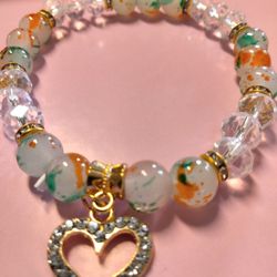 Glass Bracelets Orange Green With Heart Charm