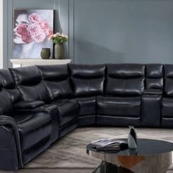 Brand New Navy Blue Top Grain Leather Power Reclining Sectional Sofa 
